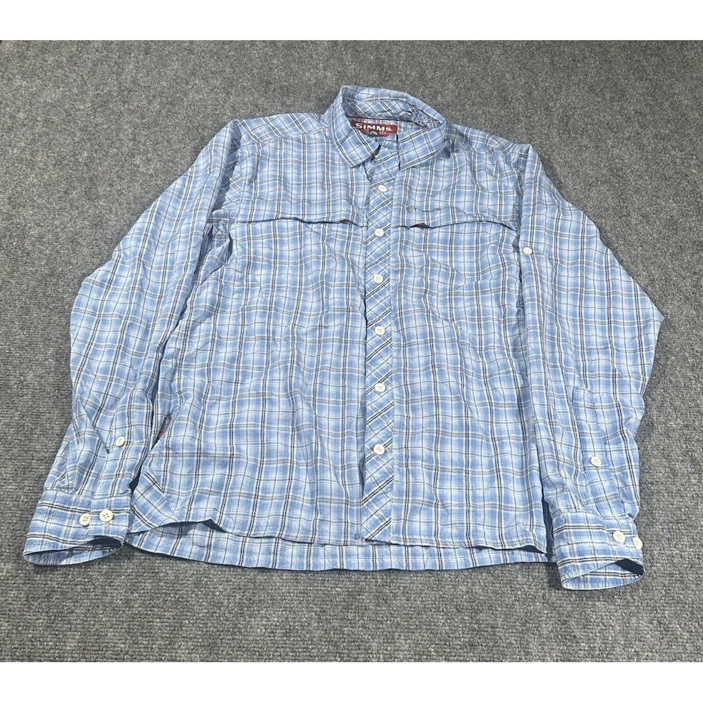 Simms Fishing Mens Small Blue Plaid Lightweight Nylon Blend Button Shirt